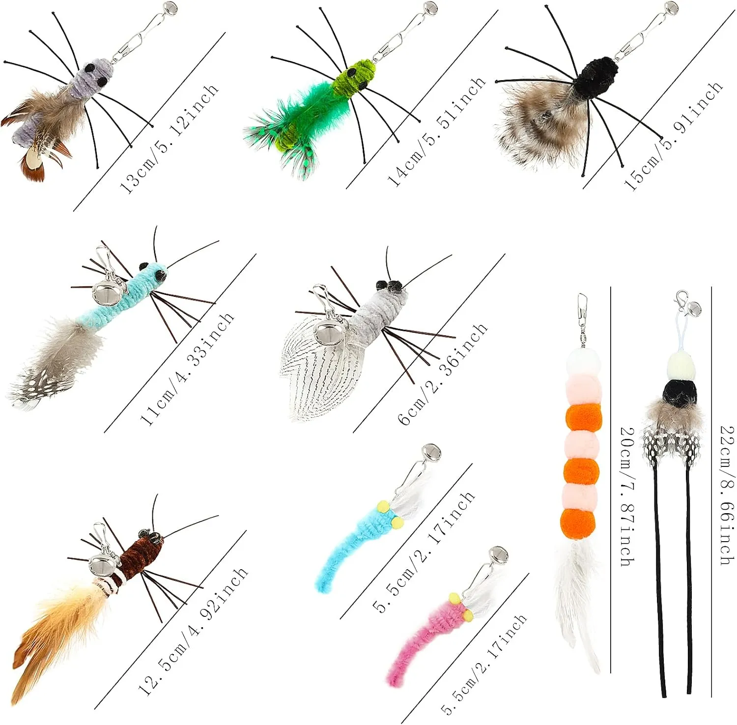 10 Pieces Cat Feather Toys Replacement Insect Cat Toy with Bell Wand Refills Cats Toy Replacement Natural Bird Feathers for Cats Toys