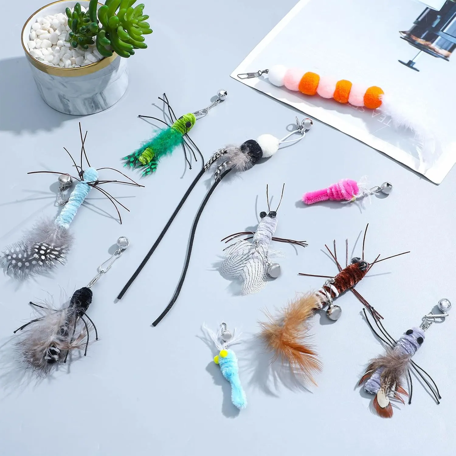 10 Pieces Cat Feather Toys Replacement Insect Cat Toy with Bell Wand Refills Cats Toy Replacement Natural Bird Feathers for Cats Toys
