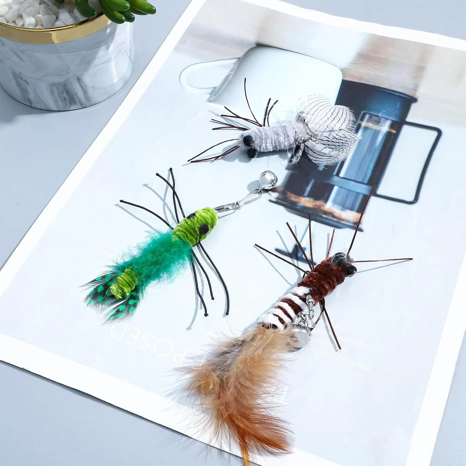 10 Pieces Cat Feather Toys Replacement Insect Cat Toy with Bell Wand Refills Cats Toy Replacement Natural Bird Feathers for Cats Toys