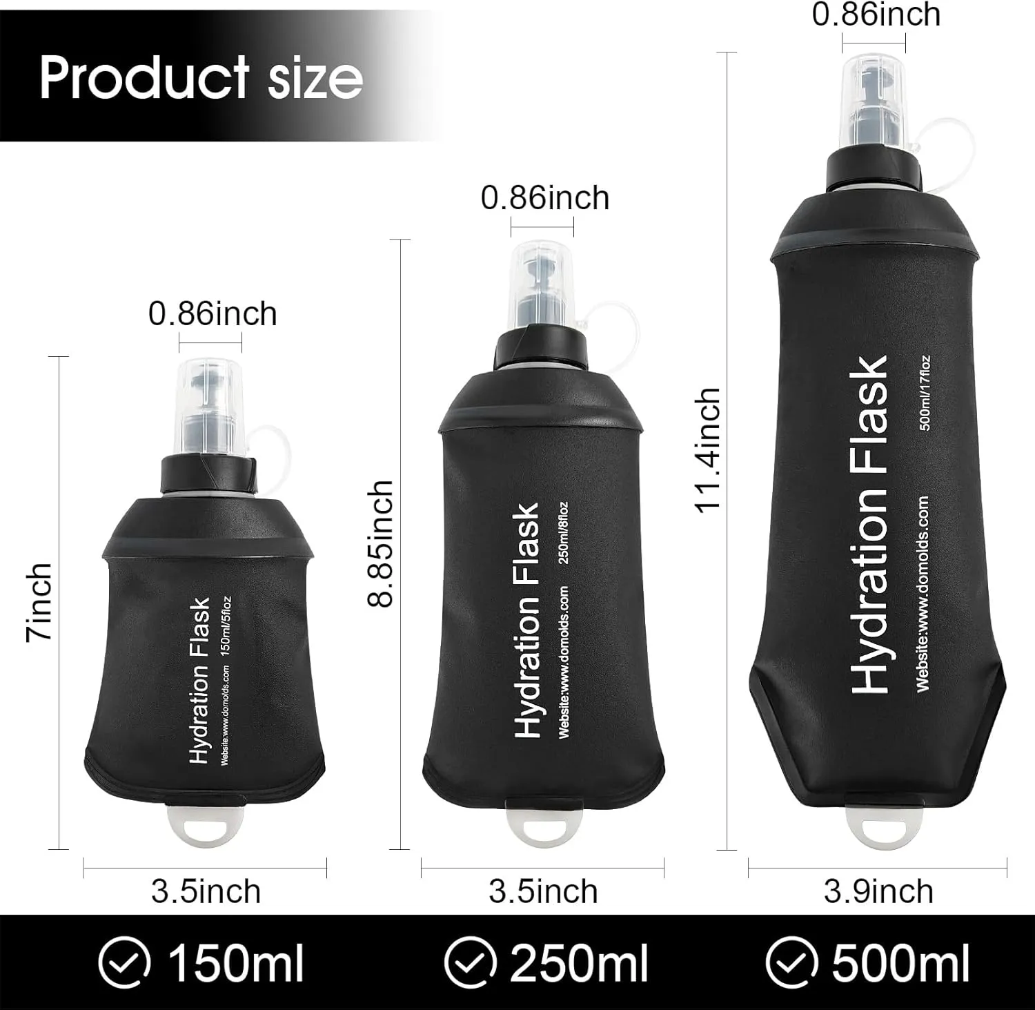 150ml Soft Flask, TPU Collapsible Soft Water Bottle for Hydration Pack, Running Vest, Folding Water Bottle for Hiking Cycling Climbing-1Pcs, Black