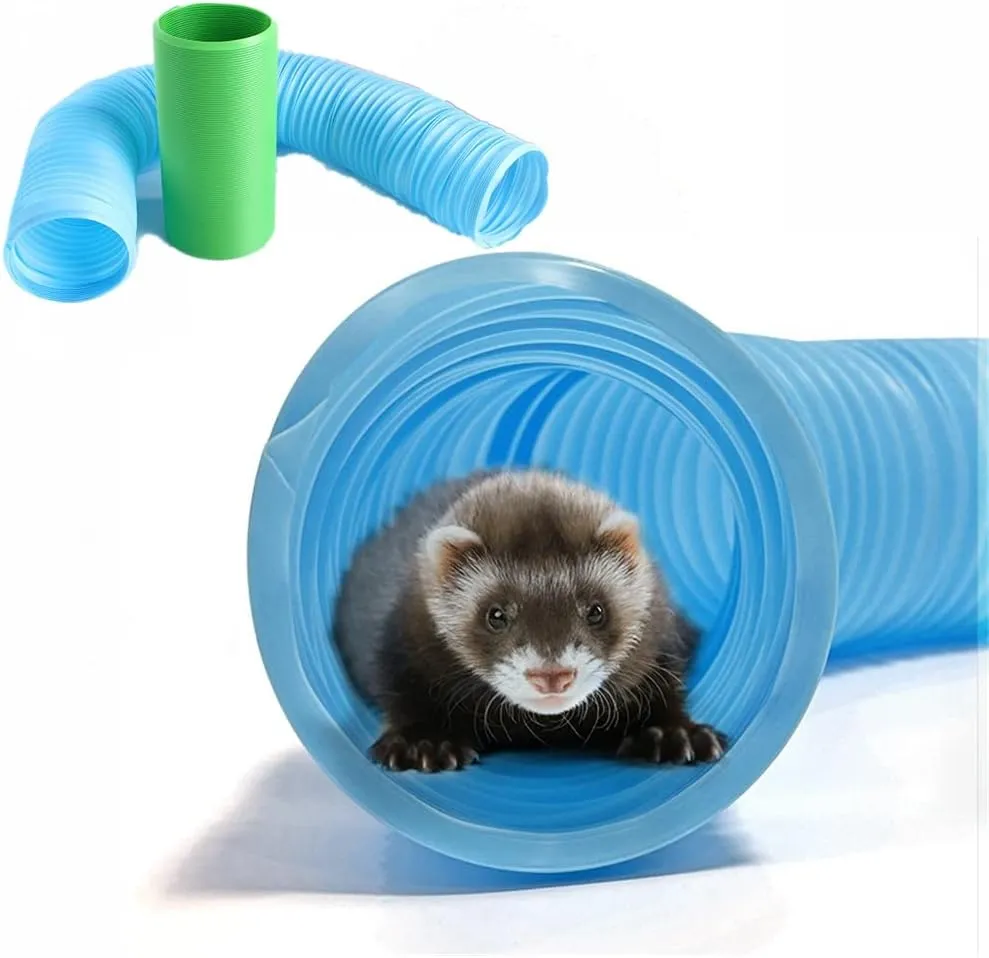 2 Pack Collapsible Ferret Tunnel - Fun Plastic Guinea Pigs Tube Tunnel Foldable Hideaway Exercising Training Tube Toys for Ferrets,Chinchilla, Guinea Pig, Gerbil, Mouse, Rat (Blue Green)
