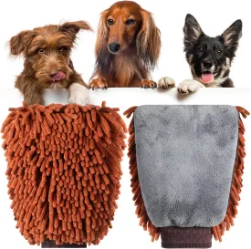 2 Pcs Dog Dry Bath Gloves Chenille Microfiber Pet Hair Washing Gloves Paw Cleaning Mitts Dog Bath Supplies for Cats Rabbits and Horses Suitable for Long/Short/Poodle Fur(Brown)