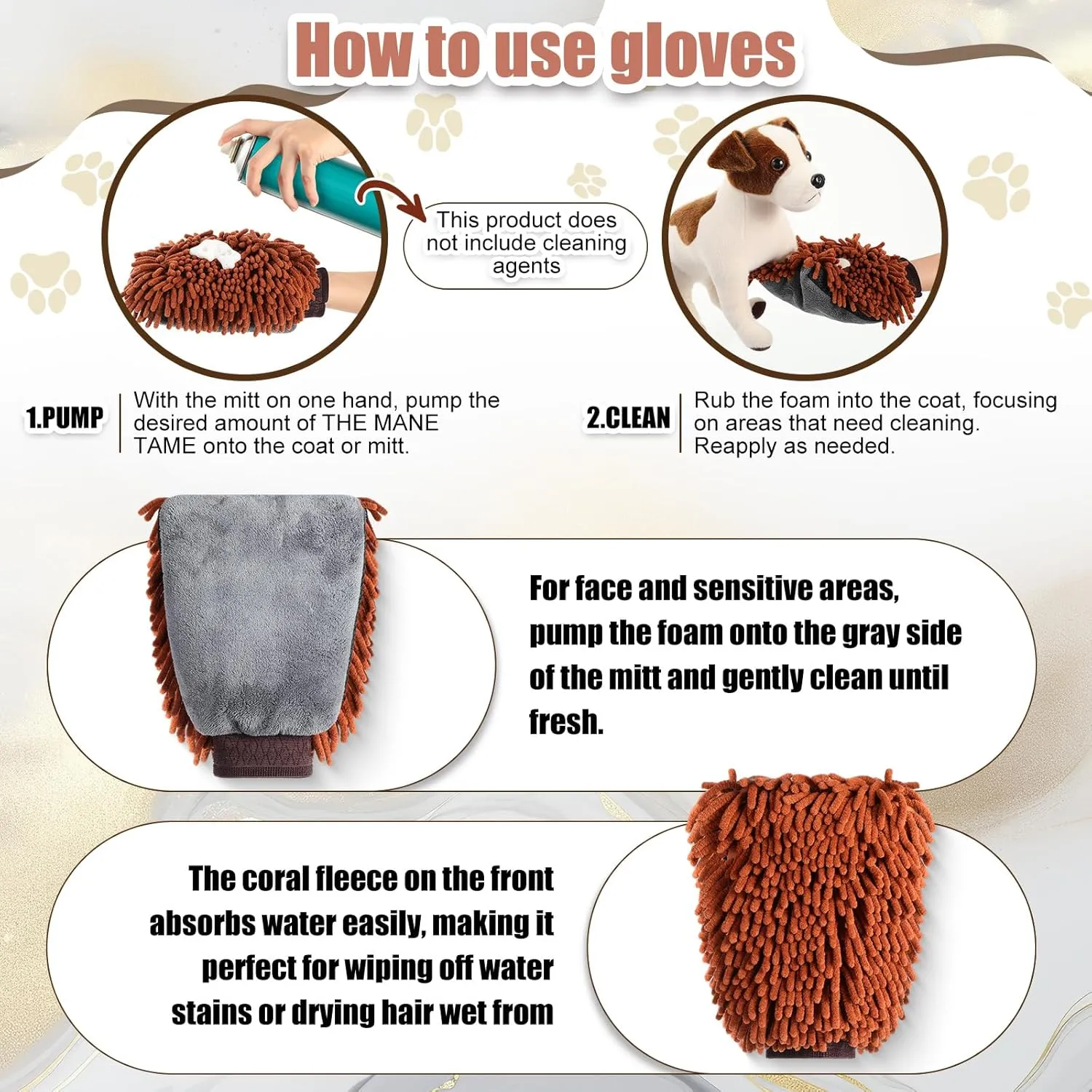 2 Pcs Dog Dry Bath Gloves Chenille Microfiber Pet Hair Washing Gloves Paw Cleaning Mitts Dog Bath Supplies for Cats Rabbits and Horses Suitable for Long/Short/Poodle Fur(Brown)