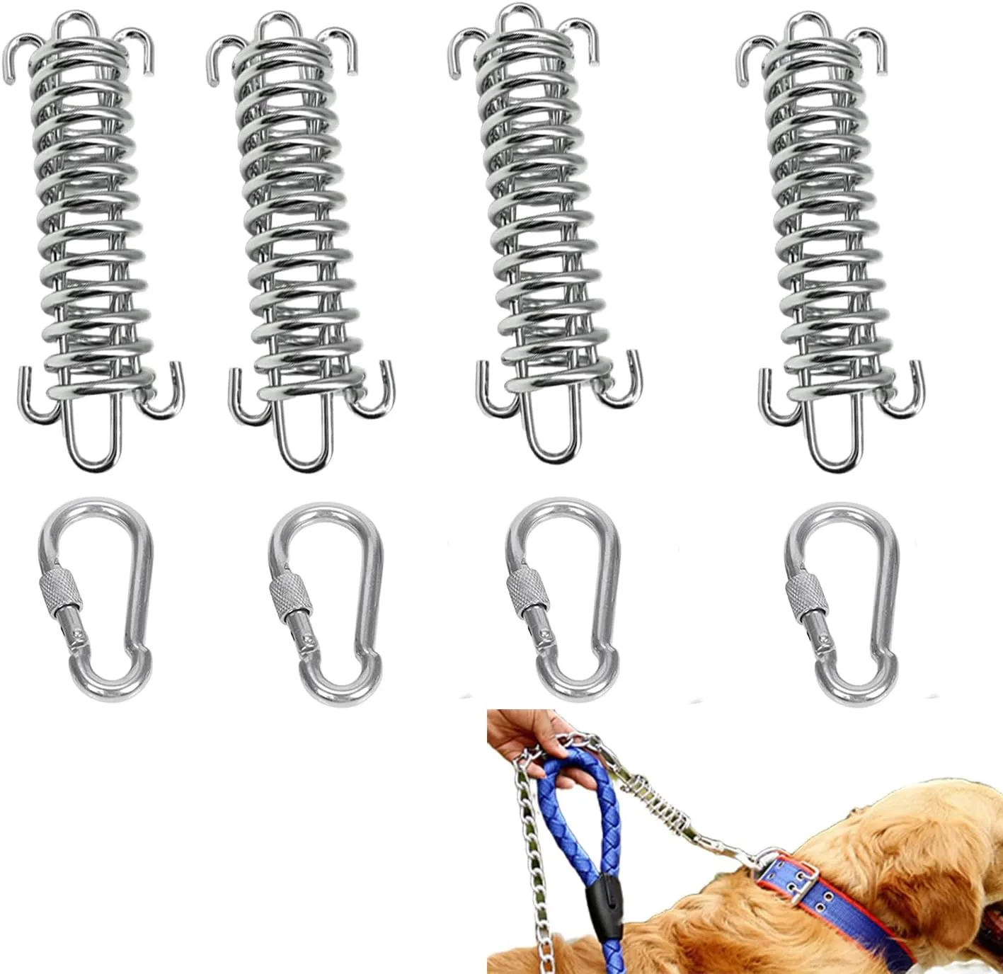 4 Pack Metal Bungee Leash Extension, Tie Out Cable Attachment, Shock Absorbing Dog Leash Spring for Medium Large Dogs Training Bicycle Running