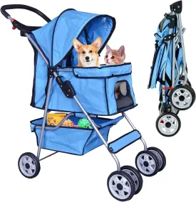 4 Wheels Pet Stroller for Dog and Cat, Lightweight Foldable Jogger With Cup Holders and Removable Liner for Small and Medium Pets - Blue