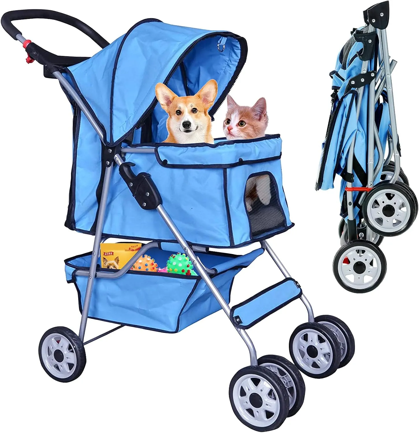4 Wheels Pet Stroller for Dog and Cat, Lightweight Foldable Jogger With Cup Holders and Removable Liner for Small and Medium Pets - Blue