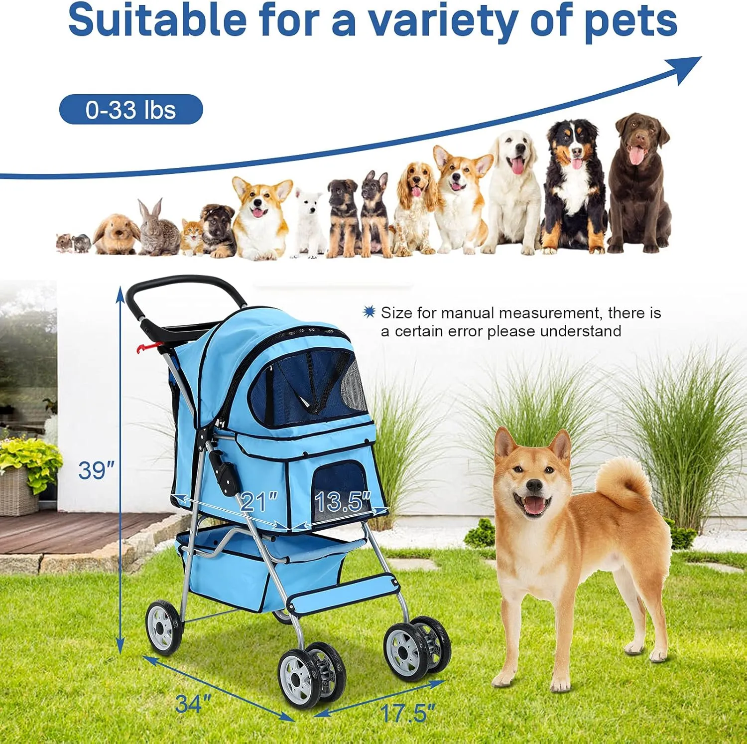 4 Wheels Pet Stroller for Dog and Cat, Lightweight Foldable Jogger With Cup Holders and Removable Liner for Small and Medium Pets - Blue