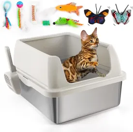 AFP Stainless Steel Cat Litter Box with Lid  XL Litter Box for Big Cats | High Sides, Non-Sticky, Anti-Leakage, Odor Control & Includes Litter Mat, Scoop & Toys (Sand)
