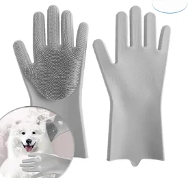 All-in-One Dog Bath & Pet Grooming Gloves - Static Magic for Hair Removal, Silicone Dog Bathing Gloves with Enhanced Five Finger Design Bathing and Massaging for Dogs and Cats - Grey