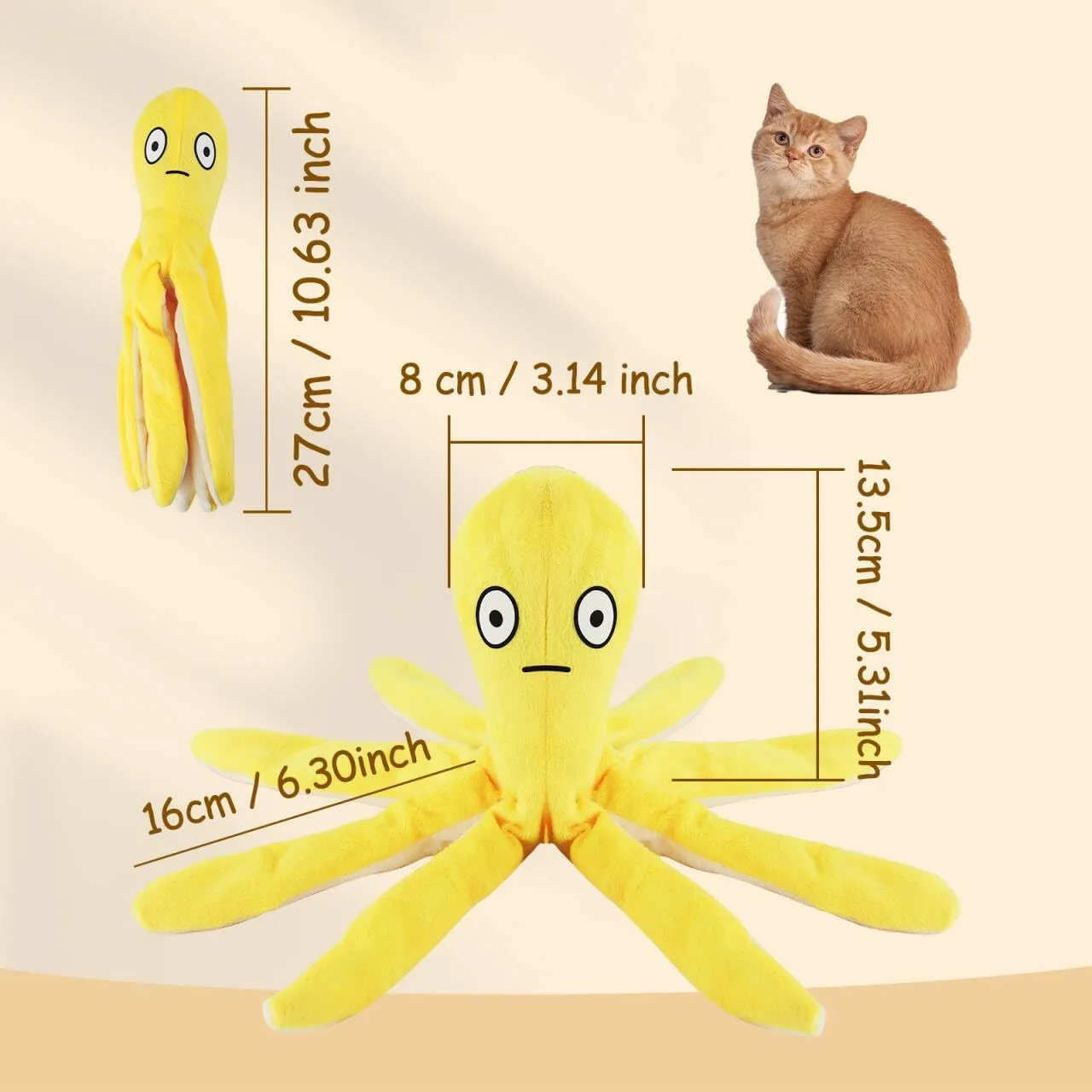 Andiker Catnip Toys for Cats, 10.63 Inches Cute Octopus Shape Plush Cat Toy with Catnip Crinkle Paper Soft Interactive Cat Toys for Indoor Cats Kittens Playing Chewing Biting (Yellow)