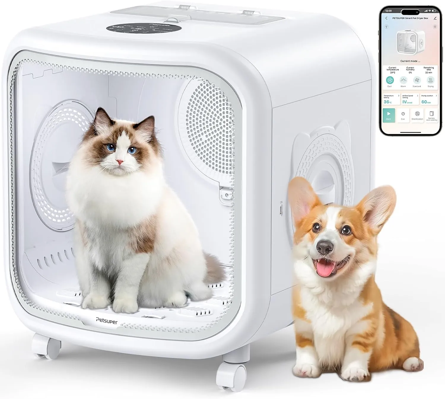 Automatic Cat Dryer Box 75L Extra Large Capacity Ultra Quiet Fast Pet Hair Drying Box Smart App Control Temperature and 360 Drying for Cats and Small Dogs