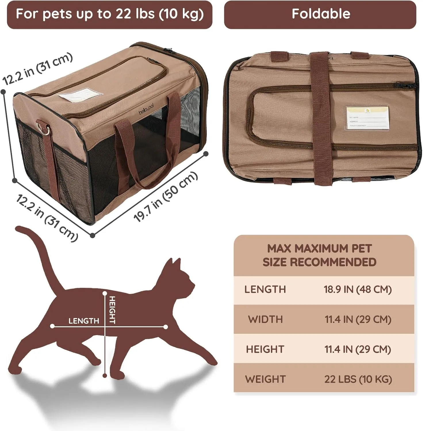BELLA & PAL Large Dog Carrier Cat Carriers, Pet Carrier for Small Medium Dogs Cats Under 22Lbs, Collapsible Soft Sided Travel Carrier