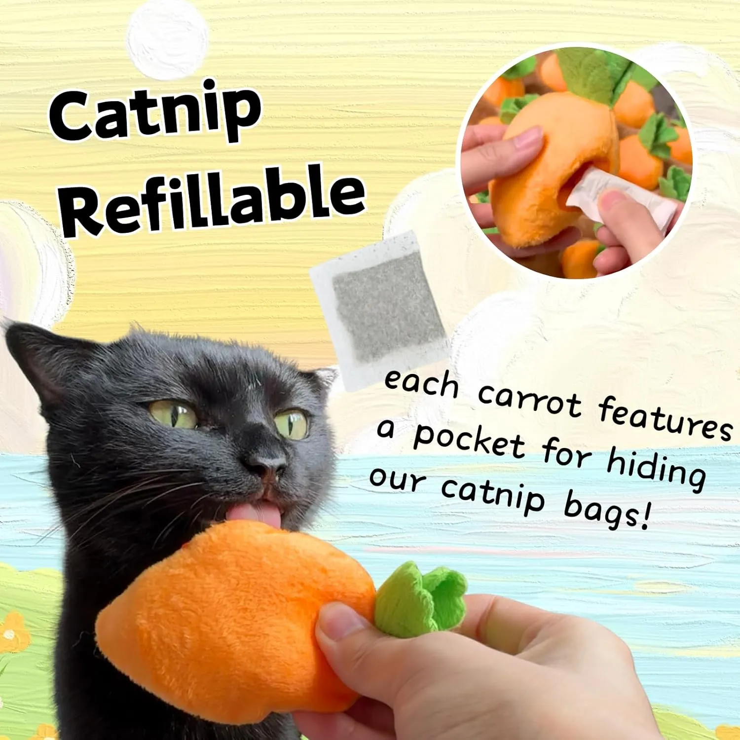 Carrot Catnip Toys, Interactive Feather Cat Toys for Indoor Cats, Cat Puzzle Toys for Boredom and Mental Stimulation, 12 Squeaky Carrots with Treat Pockets and 12 Catnip Tea Bags
