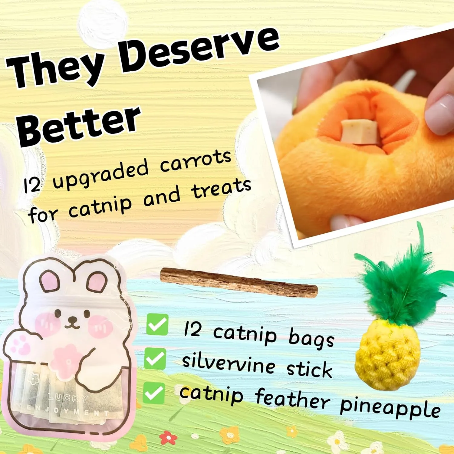 Carrot Catnip Toys, Interactive Feather Cat Toys for Indoor Cats, Cat Puzzle Toys for Boredom and Mental Stimulation, 12 Squeaky Carrots with Treat Pockets and 12 Catnip Tea Bags