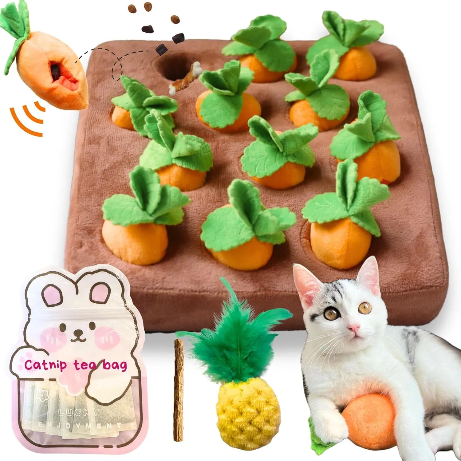 Carrot Catnip Toys, Interactive Feather Cat Toys for Indoor Cats, Cat Puzzle Toys for Boredom and Mental Stimulation, 12 Squeaky Carrots with Treat Pockets and 12 Catnip Tea Bags