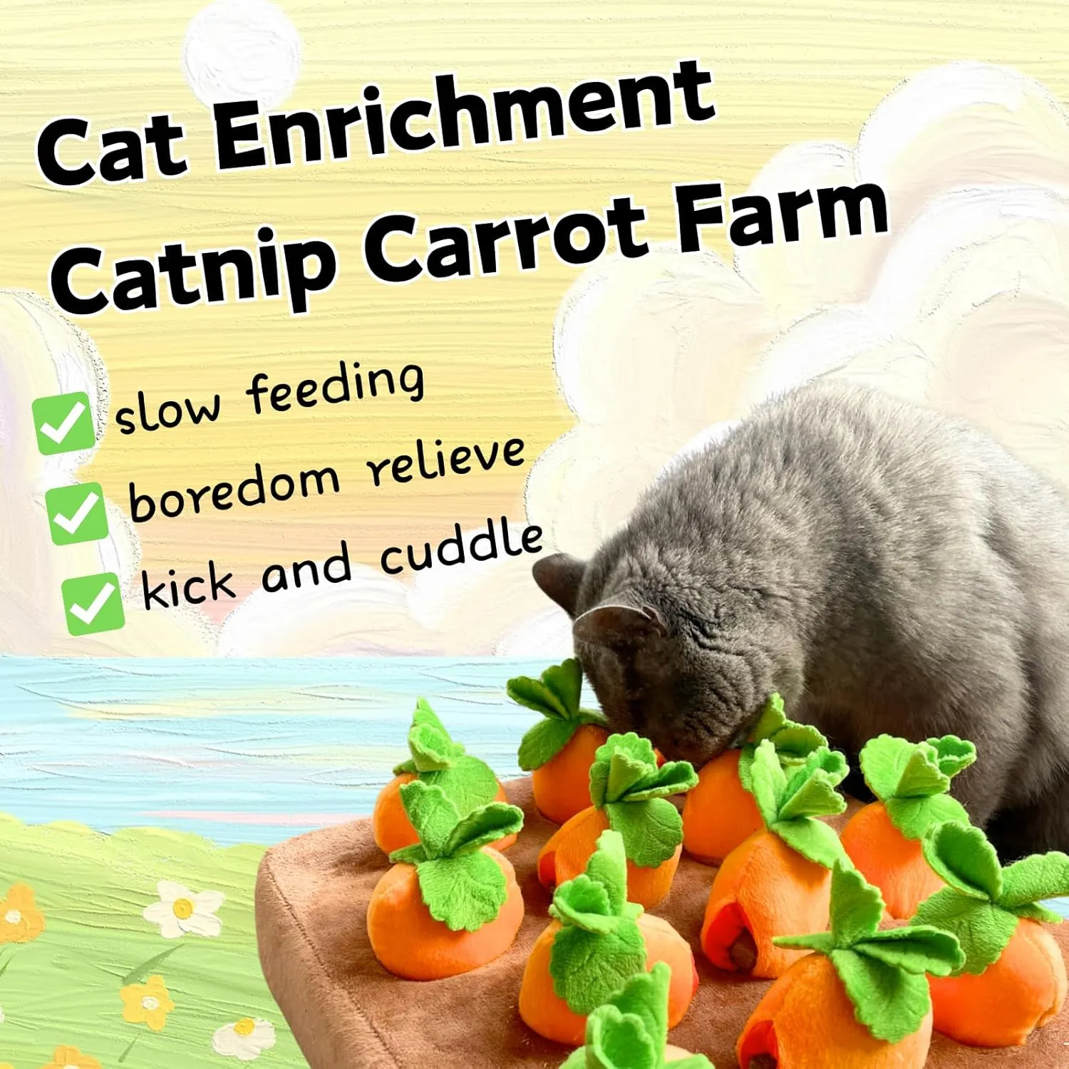 Carrot Catnip Toys, Interactive Feather Cat Toys for Indoor Cats, Cat Puzzle Toys for Boredom and Mental Stimulation, 12 Squeaky Carrots with Treat Pockets and 12 Catnip Tea Bags