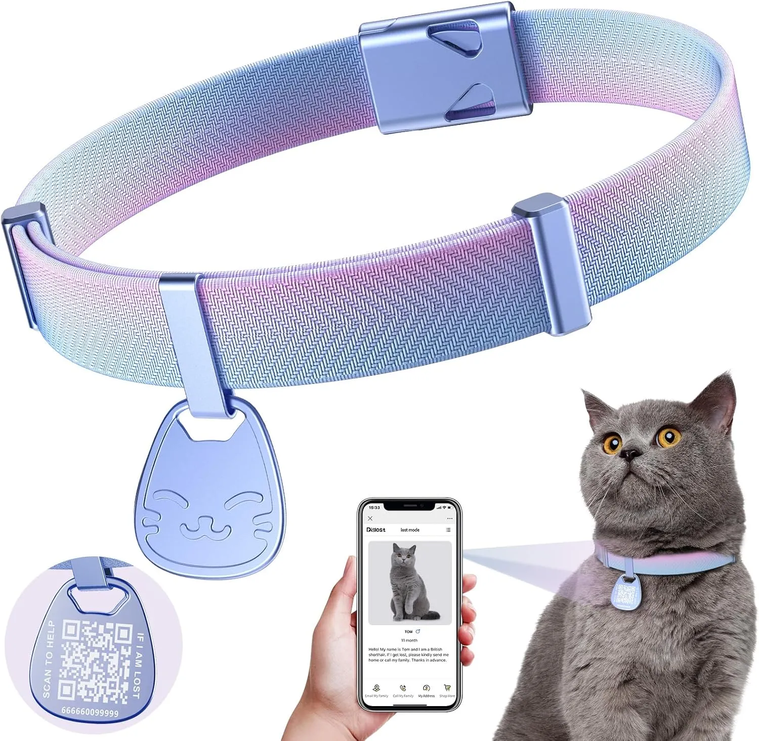 Cat Collar with Name Tag Breakaway: Kitten Collars with QR Code ID Tag for Girl Boy Cats, Ultra Soft & Elastic Adjustable (6"-12") Cat Collar with Break Away Safety Buckle, Iridescent