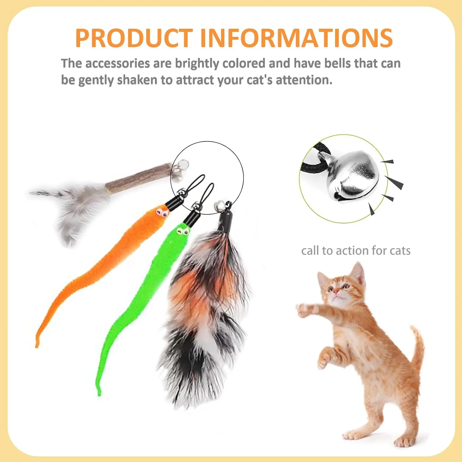 Cat Fishing Pole for Indoor Cats,Interactive cat Toys with Colorful Feather and Bell. (Yellow)