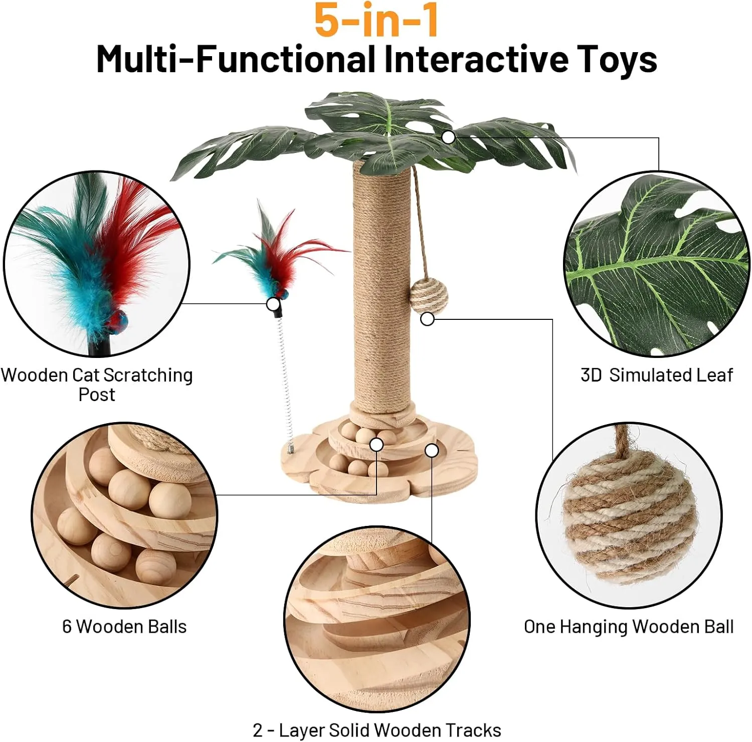 Cat Scratching Post for Indoor Cat Sisal Kitten Scratching Post with 3D Leaves,Hanging Ball,Wooden 2 Level Track,Interactive Toy