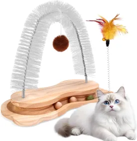 Cat Self Groomer Scratcher, Indoor Cats Rubbing Post Face Back Arch Grooming Massager Brush for Shedding with Kitten Interactive Catnip Ball Track Toy for Chasing Hunting Mental Physical Exercise
