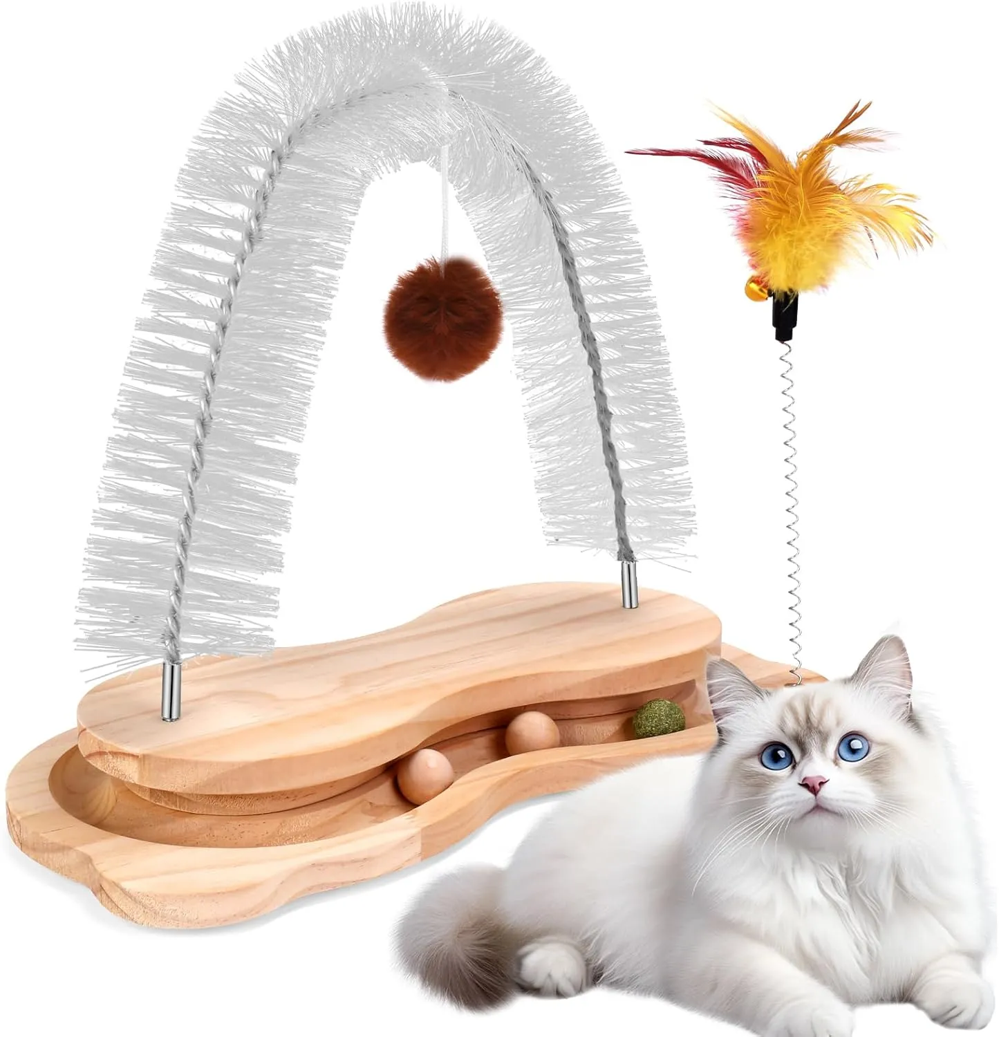 Cat Self Groomer Scratcher, Indoor Cats Rubbing Post Face Back Arch Grooming Massager Brush for Shedding with Kitten Interactive Catnip Ball Track Toy for Chasing Hunting Mental Physical Exercise