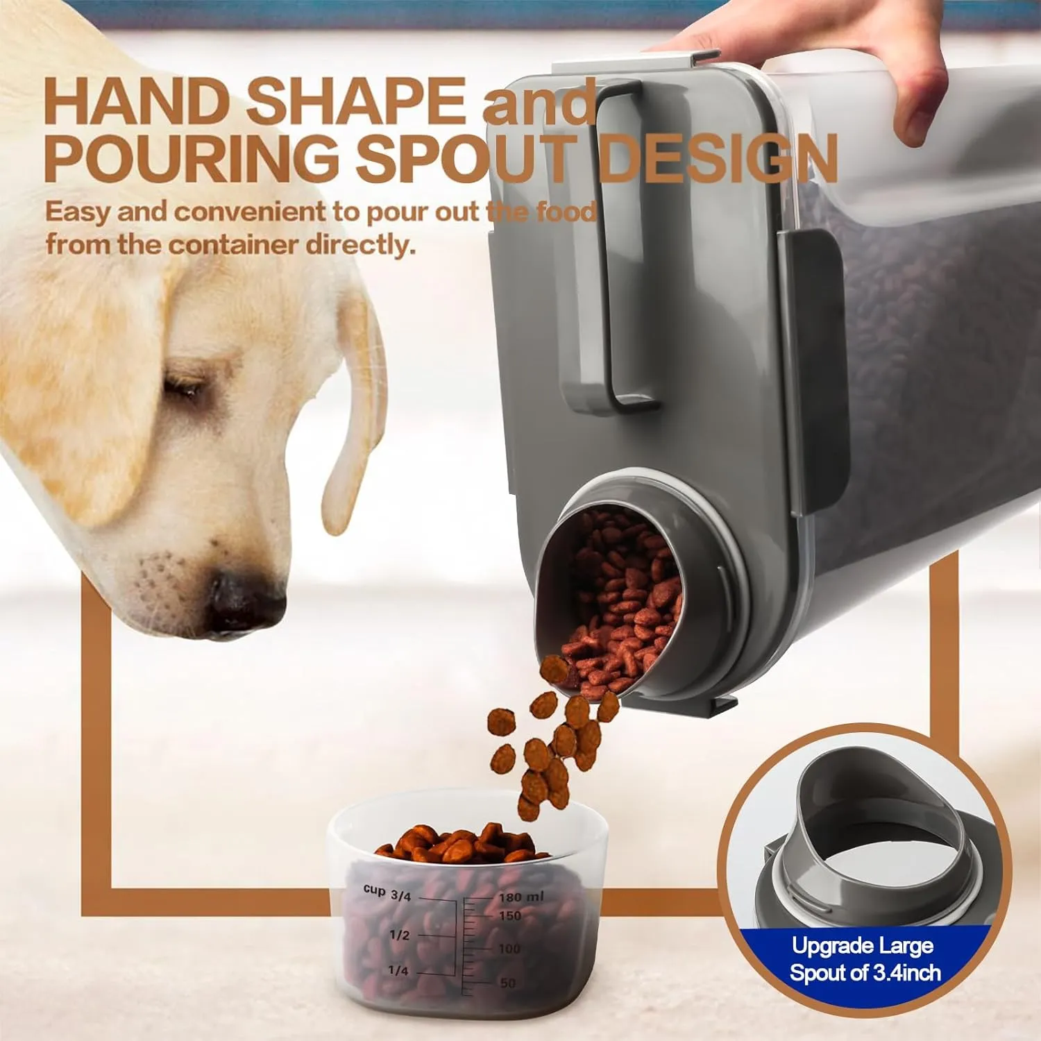 Dog Food Storage Container, 5-7 Lbs Airtight Pet Food Container, Cat Food Container Dispenser Plastic Bin with Pouring Spout, Portable Handle and a Collapsible bowl for Dogs Cats Grey/6Qt