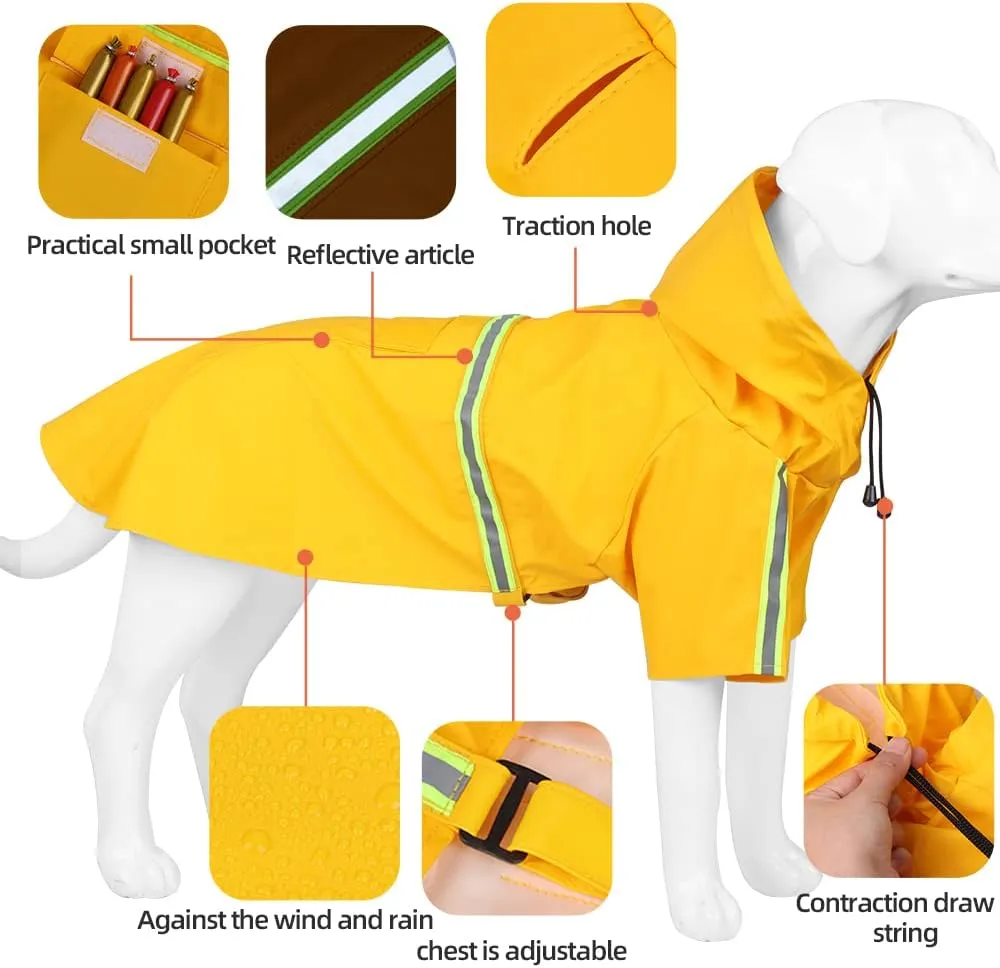Dog Raincoat with Hood Waterproof Poncho Rain Jacket Dog with Back Pocket Adjustable Drawstring Reflective Strip (Blue, Large)