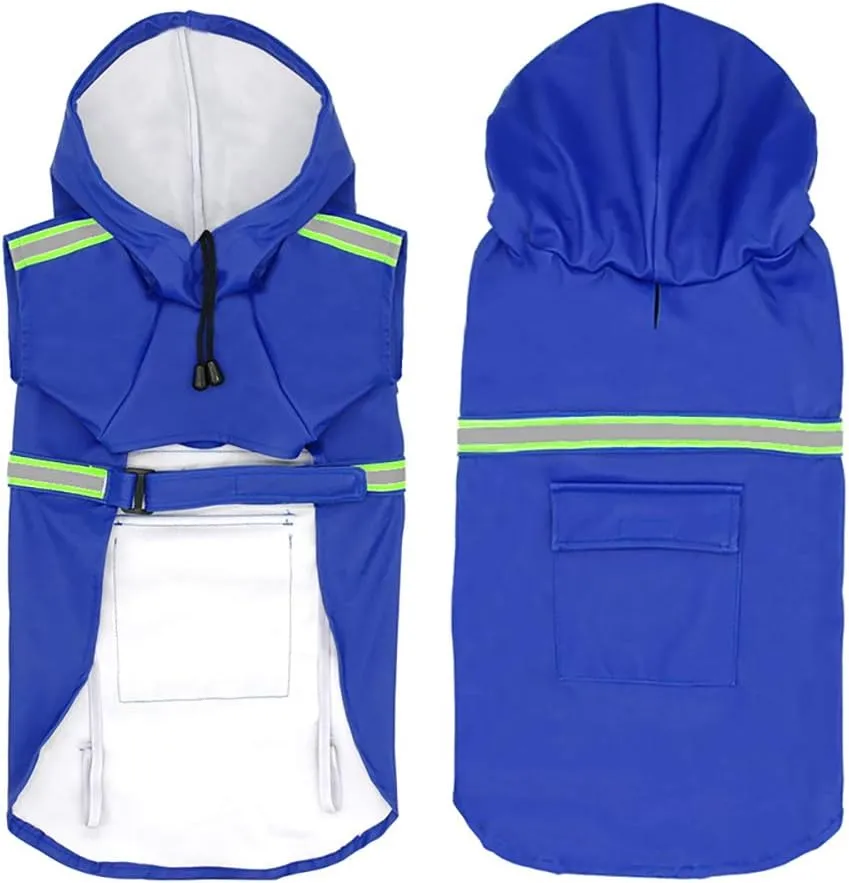 Dog Raincoat with Hood Waterproof Poncho Rain Jacket Dog with Back Pocket Adjustable Drawstring Reflective Strip (Blue, Large)