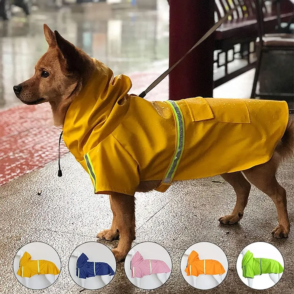 Dog Raincoat with Hood Waterproof Poncho Rain Jacket Dog with Back Pocket Adjustable Drawstring Reflective Strip (Blue, Large)