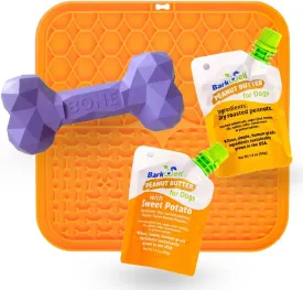 Durable Dog Chew Toy for Treats and Peanut Butter, All Natural Rubber Diamond Bone (S, Purple), Rubber Lick Mat and 2 1.4oz Peanut Butter Squeeze Dog Treat Pouches