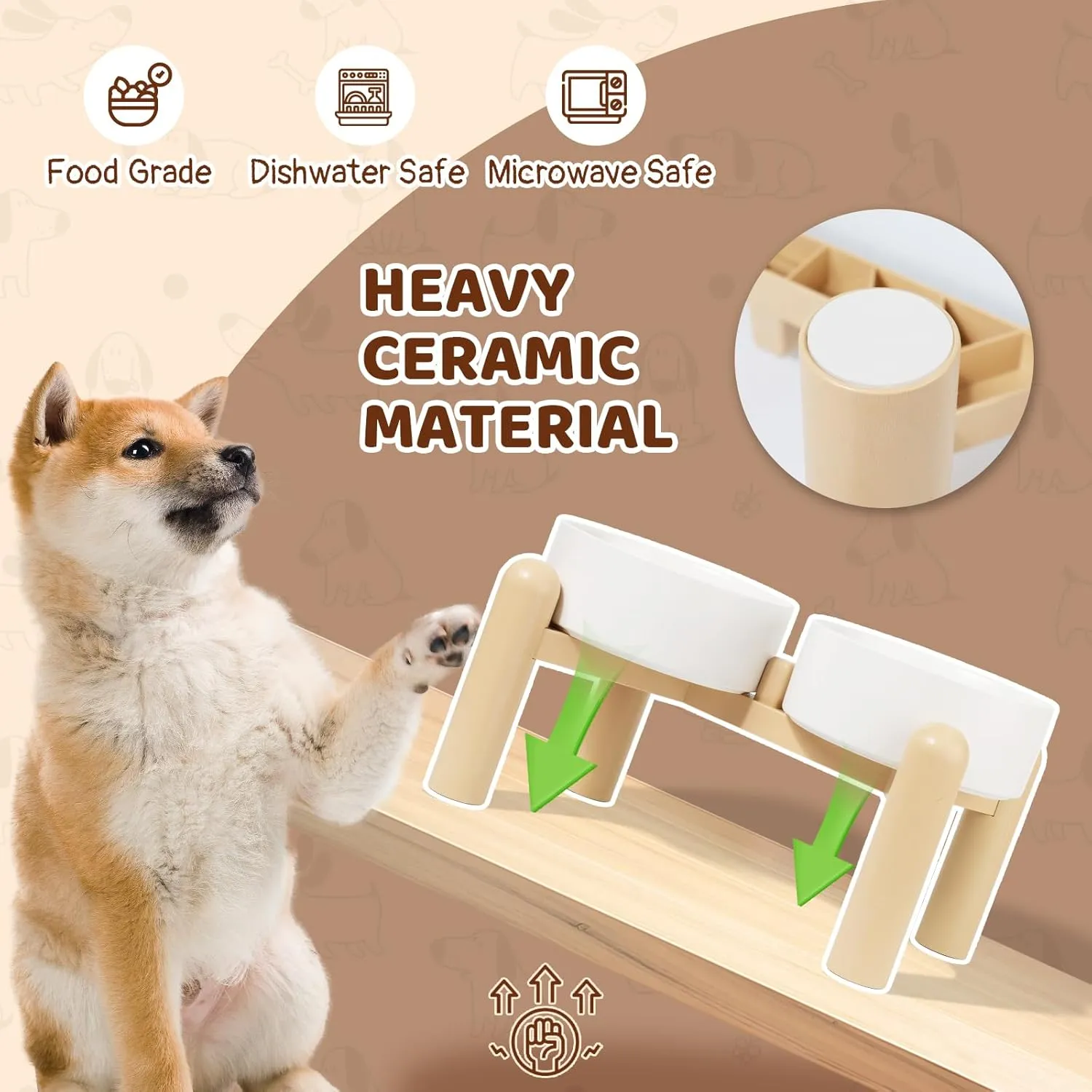 Elevated Ceramic Dog Bowl Set - Heavy Duty Double Dishes with Anti-Slip Stand - Raised Food and Water Bowls for Medium and Large Dogs - 4.5 Cups (68 fl oz) - Green