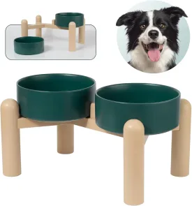 Elevated Ceramic Dog Bowl Set - Heavy Duty Double Dishes with Anti-Slip Stand - Raised Food and Water Bowls for Medium and Large Dogs - 4.5 Cups (68 fl oz) - Green
