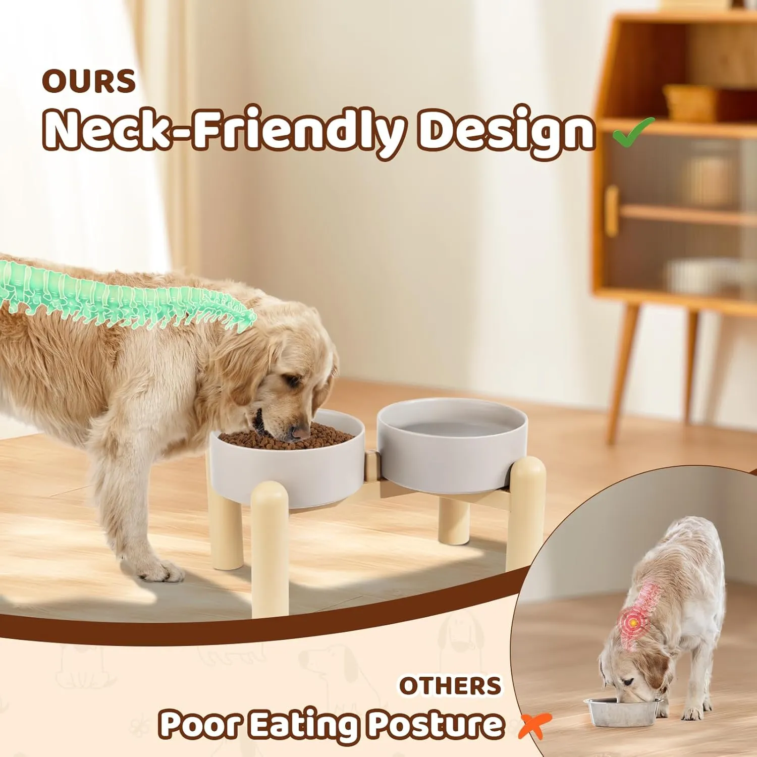 Elevated Ceramic Dog Bowl Set - Heavy Duty Double Dishes with Anti-Slip Stand - Raised Food and Water Bowls for Medium and Large Dogs - 4.5 Cups (68 fl oz) - Green