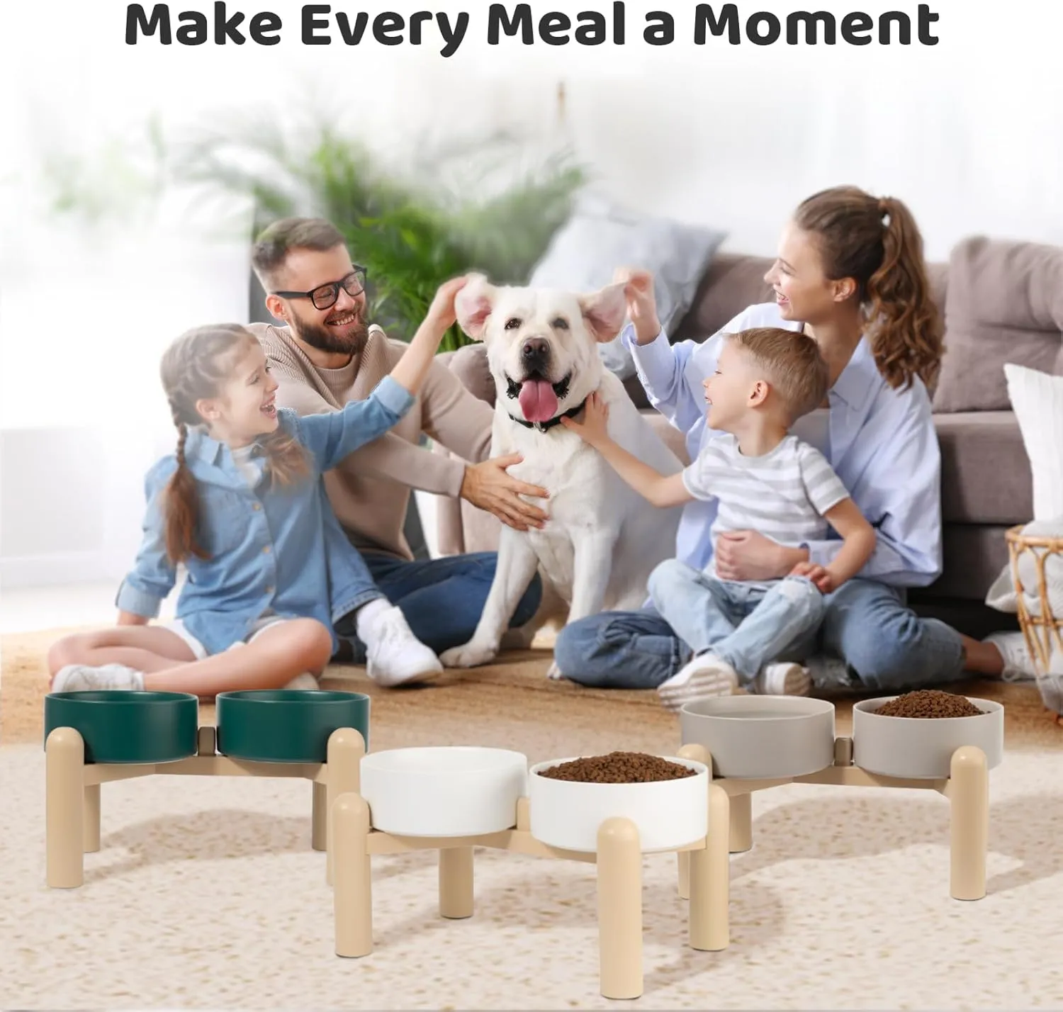 Elevated Ceramic Dog Bowl Set - Heavy Duty Double Dishes with Anti-Slip Stand - Raised Food and Water Bowls for Medium and Large Dogs - 4.5 Cups (68 fl oz) - Green