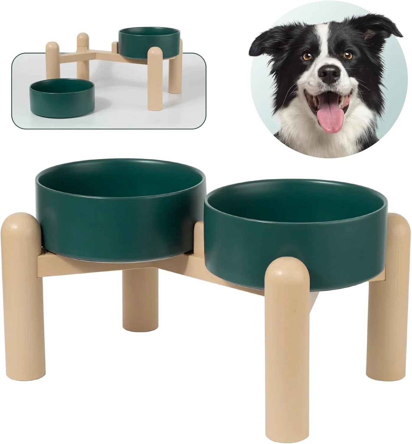 Elevated Ceramic Dog Bowl Set - Heavy Duty Double Dishes with Anti-Slip Stand - Raised Food and Water Bowls for Medium and Large Dogs - 4.5 Cups (68 fl oz) - Green