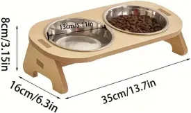 Elevated Pet Bowls with Wooden Stand  Raised Cat & Dog Feeder with 2 Stainless Steel Dishes, 5.1 Inch Diameter  Food & Water Bowl Set for Small Pets