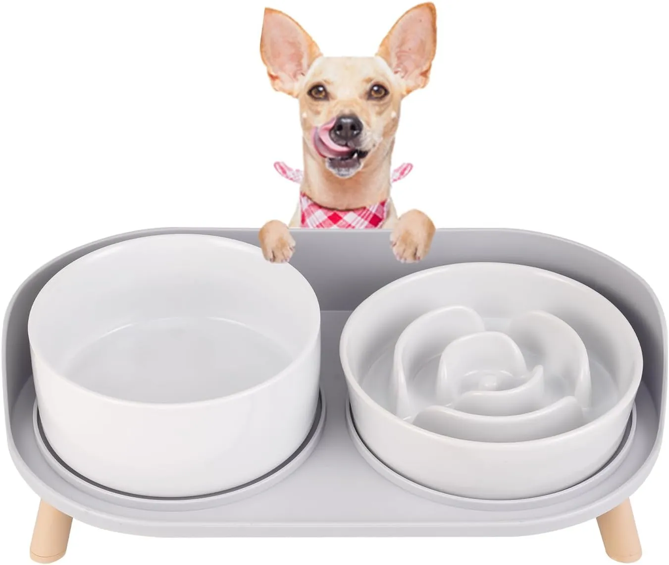 Elevated Slow Feeder Dog Bowls - Ceramic Food and Water Bowl Set with Stand - Raised Pet Dishes for Small and Medium Sized Dogs