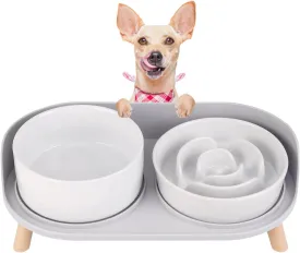 Elevated Slow Feeder Dog Bowls - Ceramic Food and Water Bowl Set with Stand - Raised Pet Dishes for Small and Medium Sized Dogs