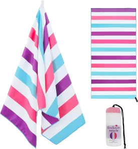 Exclusivo Mezcla Large Quick Dry Beach Towel, Microfiber Sand Free Cabana Stripe Pool Bath Swim Towel with Bag, Lightweight and Thin (Purple, 30x60 Inches)