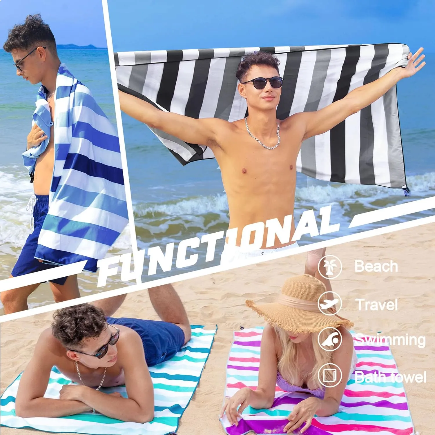 Exclusivo Mezcla Large Quick Dry Beach Towel, Microfiber Sand Free Cabana Stripe Pool Bath Swim Towel with Bag, Lightweight and Thin (Purple, 30x60 Inches)
