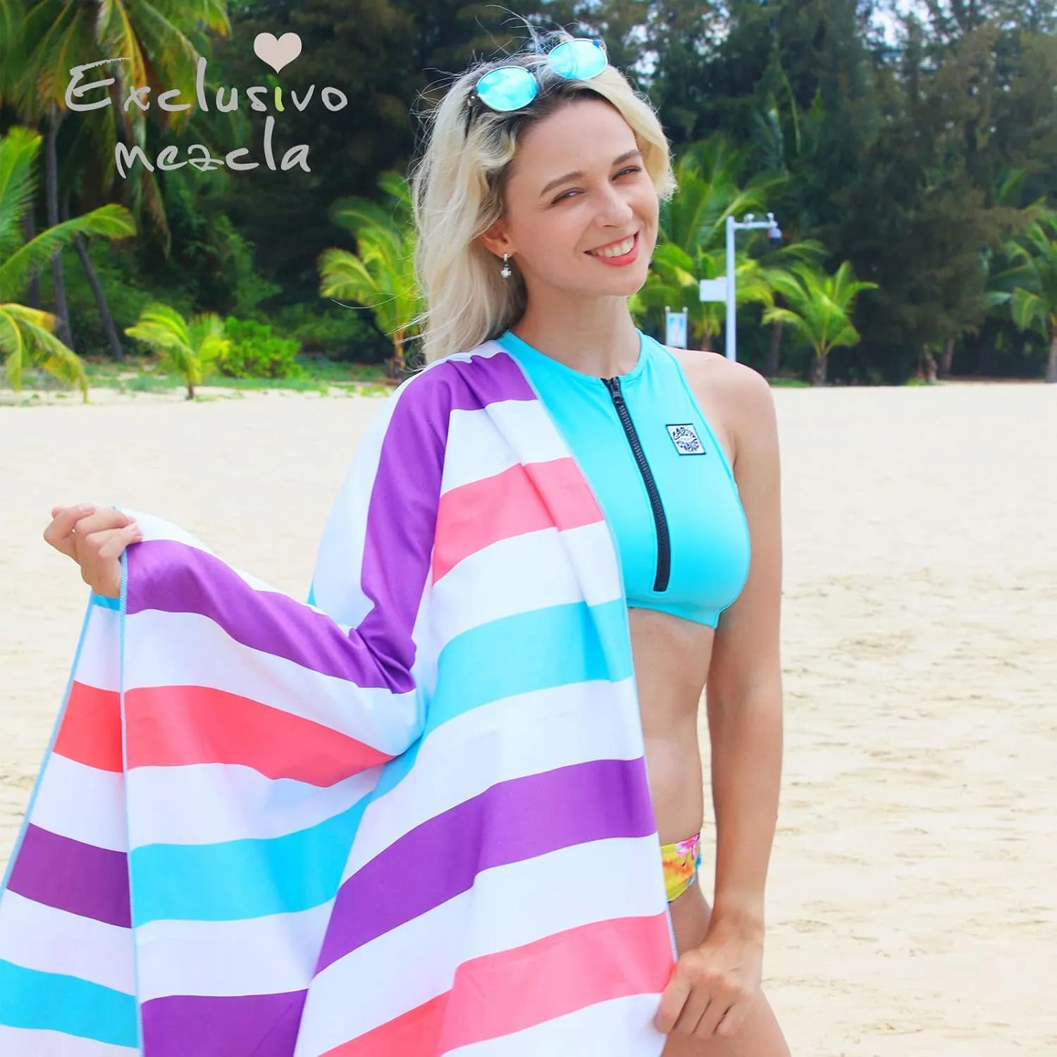 Exclusivo Mezcla Large Quick Dry Beach Towel, Microfiber Sand Free Cabana Stripe Pool Bath Swim Towel with Bag, Lightweight and Thin (Purple, 30x60 Inches)