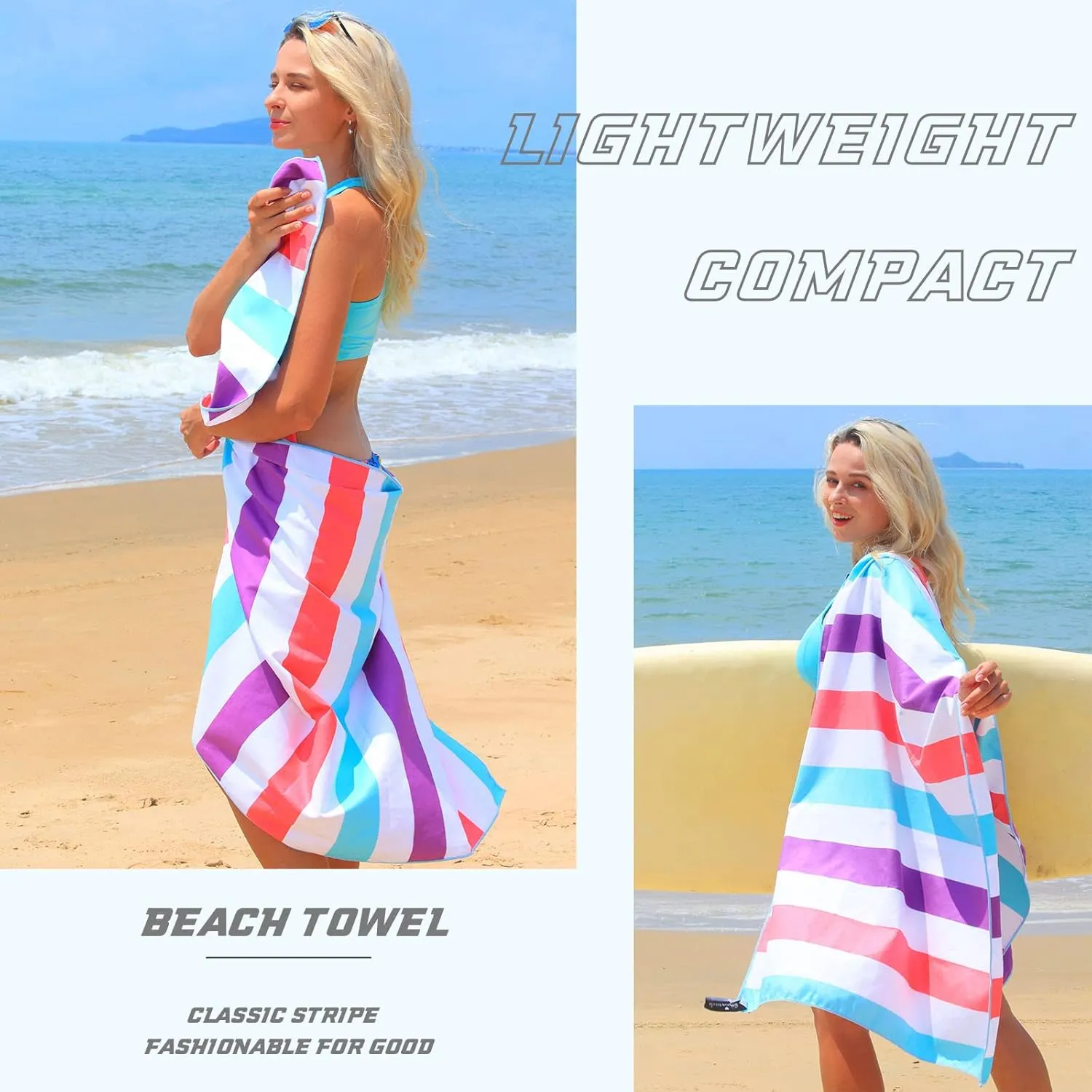 Exclusivo Mezcla Large Quick Dry Beach Towel, Microfiber Sand Free Cabana Stripe Pool Bath Swim Towel with Bag, Lightweight and Thin (Purple, 30x60 Inches)