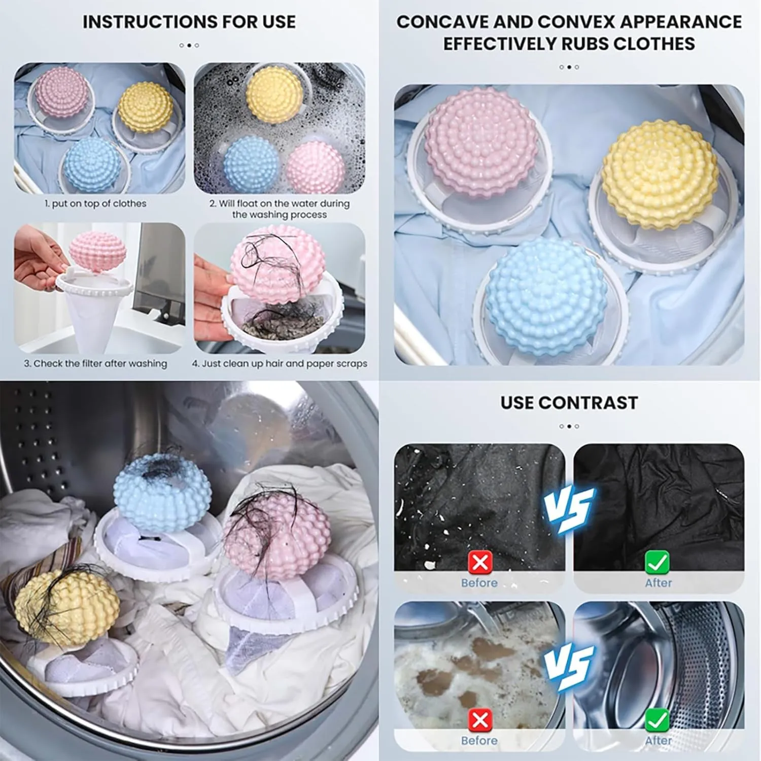 Floating Hair Filtering Mesh Removal with Silicone Sticky Ball, Upgrade Lint Catcher for Washing Machine, Reusable Pet Hair Catcher Mesh Bag, Laundry Hair Filter Cleaning Ball (A-Pink, 6PCS)