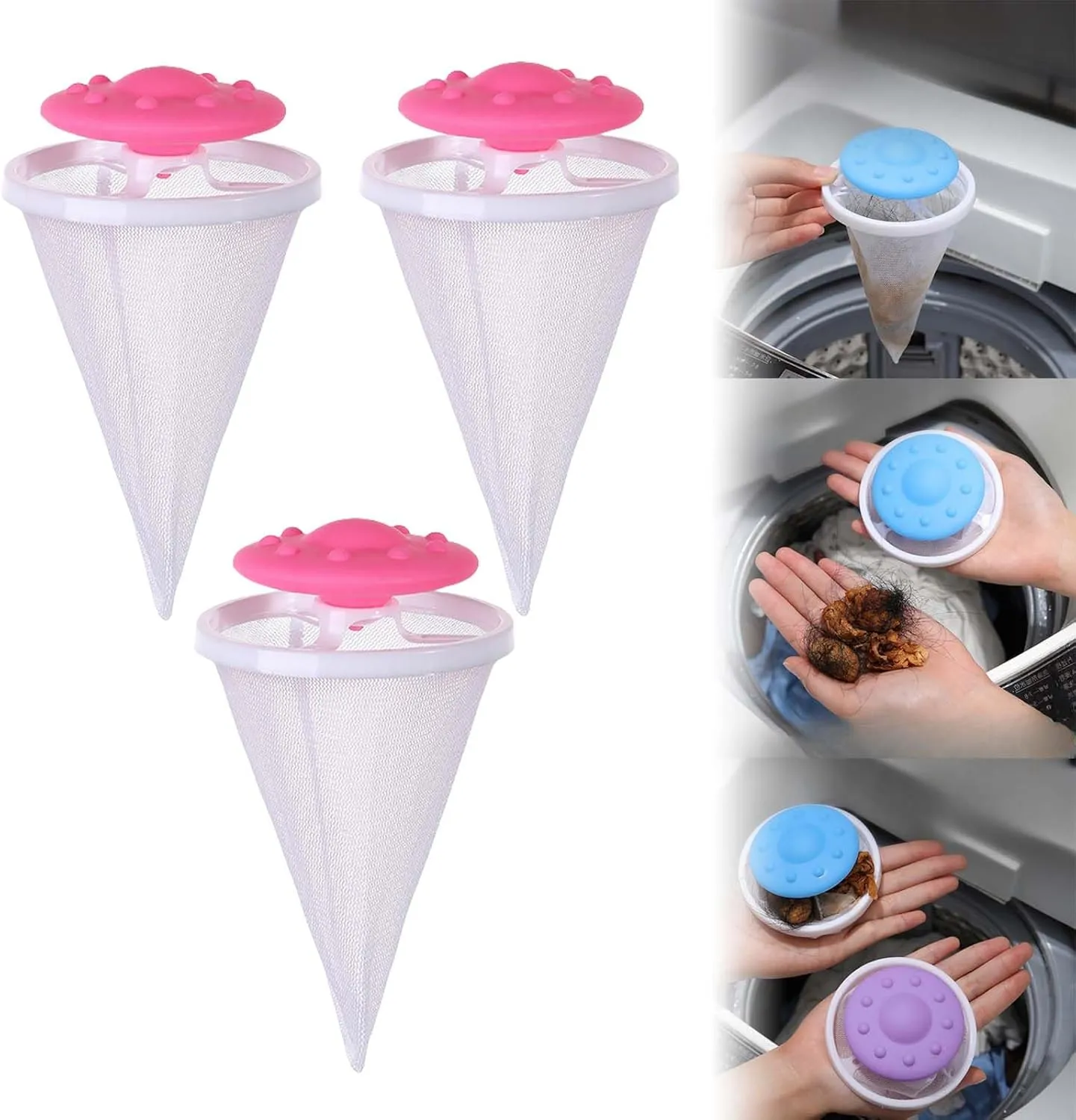Floating Hair Filtering Mesh Removal with Silicone Sticky Ball, Upgrade Lint Catcher for Washing Machine, Reusable Pet Hair Catcher Mesh Bag, Laundry Hair Filter Cleaning Ball (A-Pink, 6PCS)