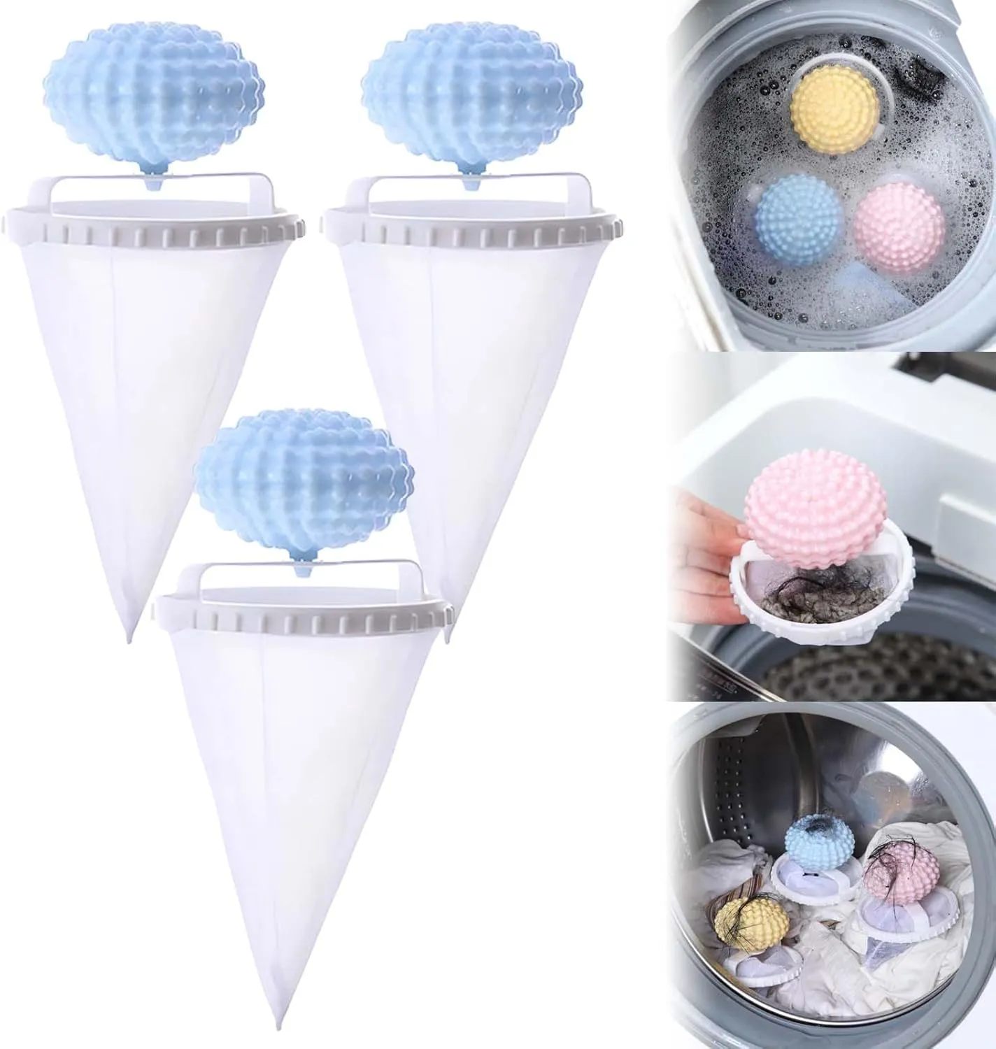 Floating Hair Filtering Mesh Removal with Silicone Sticky Ball, Upgrade Lint Catcher for Washing Machine, Reusable Pet Hair Catcher Mesh Bag, Laundry Hair Filter Cleaning Ball (B-Blue, 3PCS)