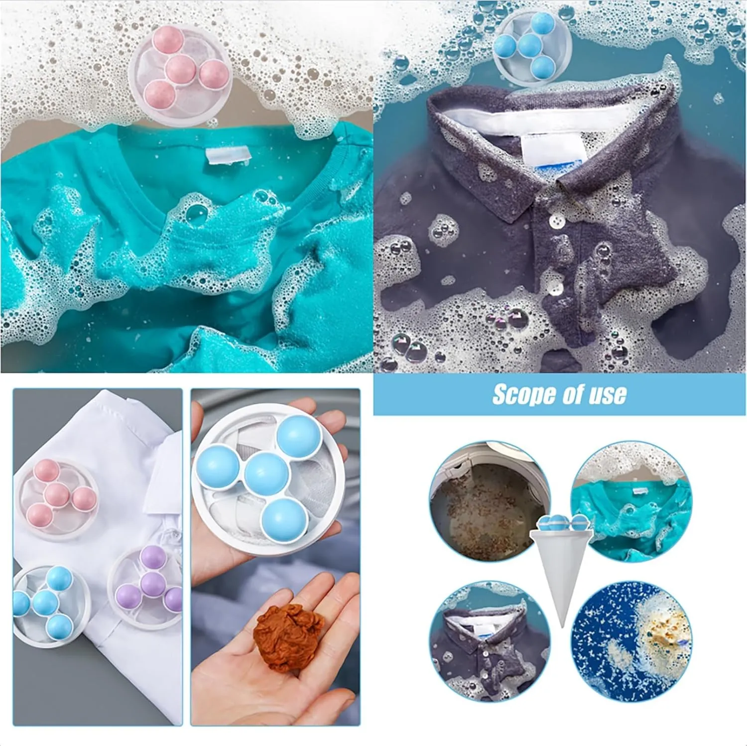 Floating Hair Filtering Mesh Removal with Silicone Sticky Ball, Upgrade Lint Catcher for Washing Machine, Reusable Pet Hair Catcher Mesh Bag, Laundry Hair Filter Cleaning Ball (B-Blue, 3PCS)