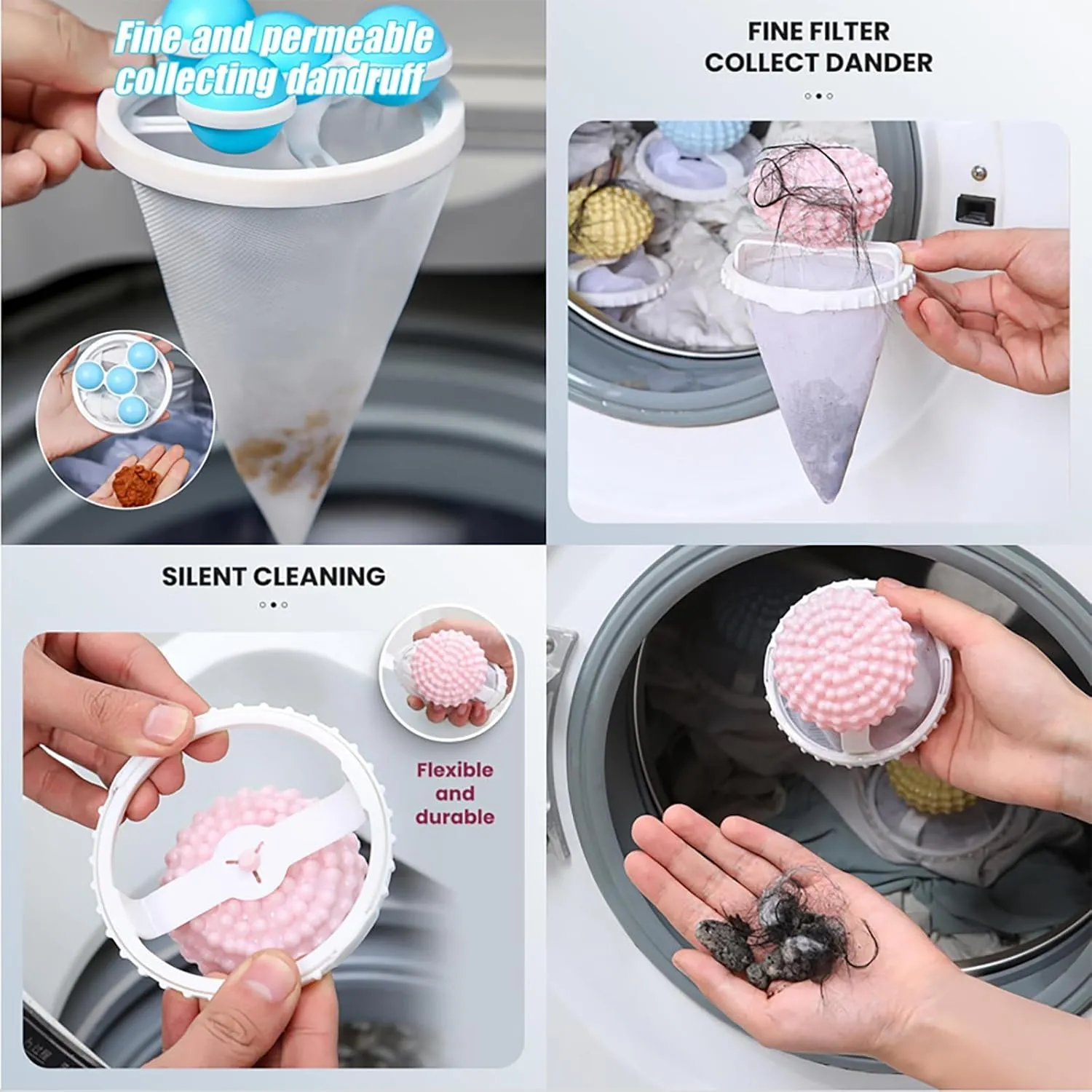 Floating Hair Filtering Mesh Removal with Silicone Sticky Ball, Upgrade Lint Catcher for Washing Machine, Reusable Pet Hair Catcher Mesh Bag, Laundry Hair Filter Cleaning Ball (B-Blue, 3PCS)