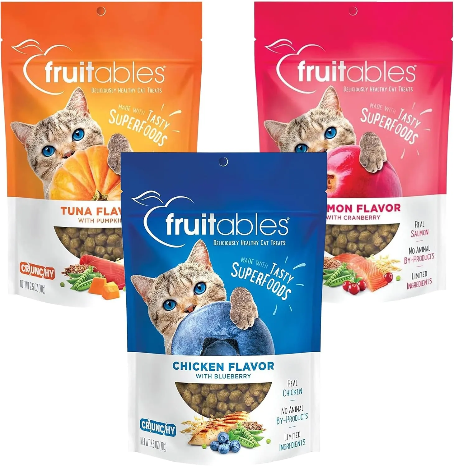 Fruitables Cat Treats - Crunchy Treats for Cats - Healthy Low Calories Packed with Protein - Free of Wheat, Corn and Soy - Made with Real Salmon, Tuna, Chicken - 2.5 Oz (3 Pk)