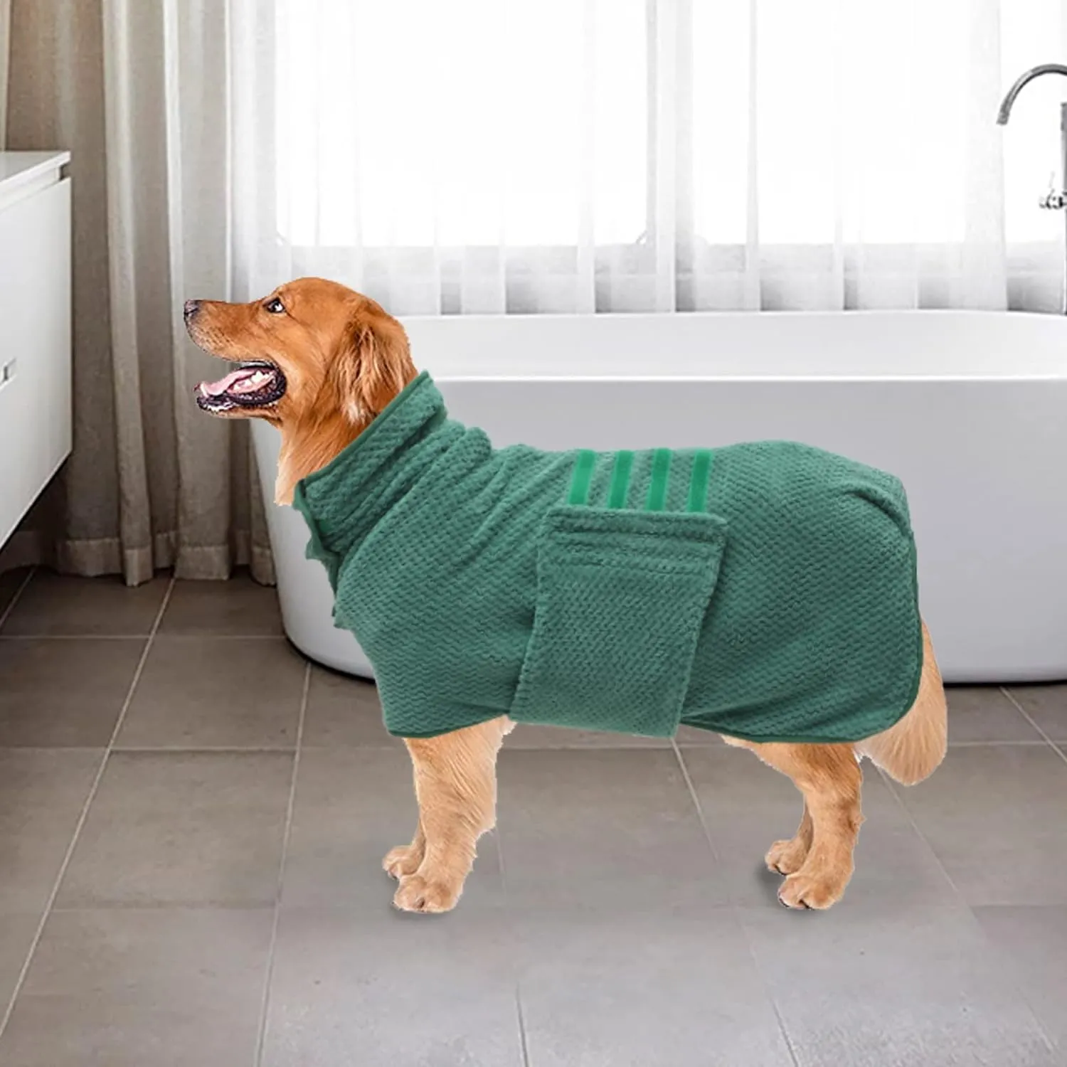 Geyecete Pineapple Grid Fast Drying Super Absorbent Dog Cat Bath Robe Towel - Green, XL