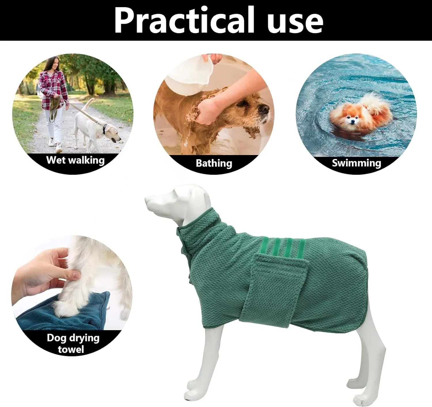 Geyecete Pineapple Grid Fast Drying Super Absorbent Dog Cat Bath Robe Towel - Green, XL